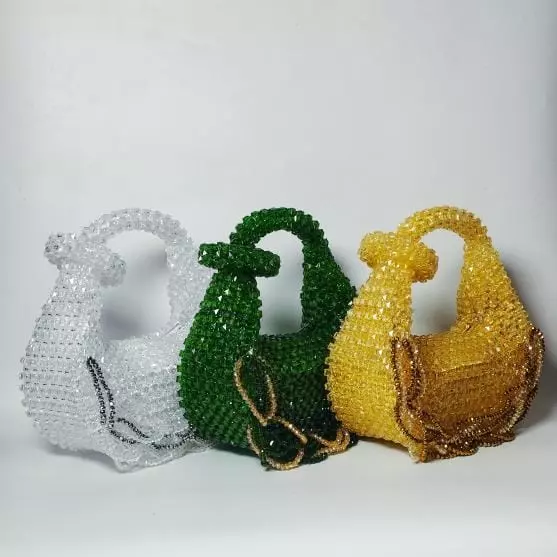 3 Beaded bags in different colors- white, green and yellow